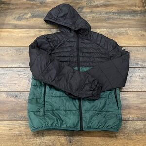 Chevignon Mens Puffer Jacket Green Black Colorblock Hooded Mallard Duck Patch M